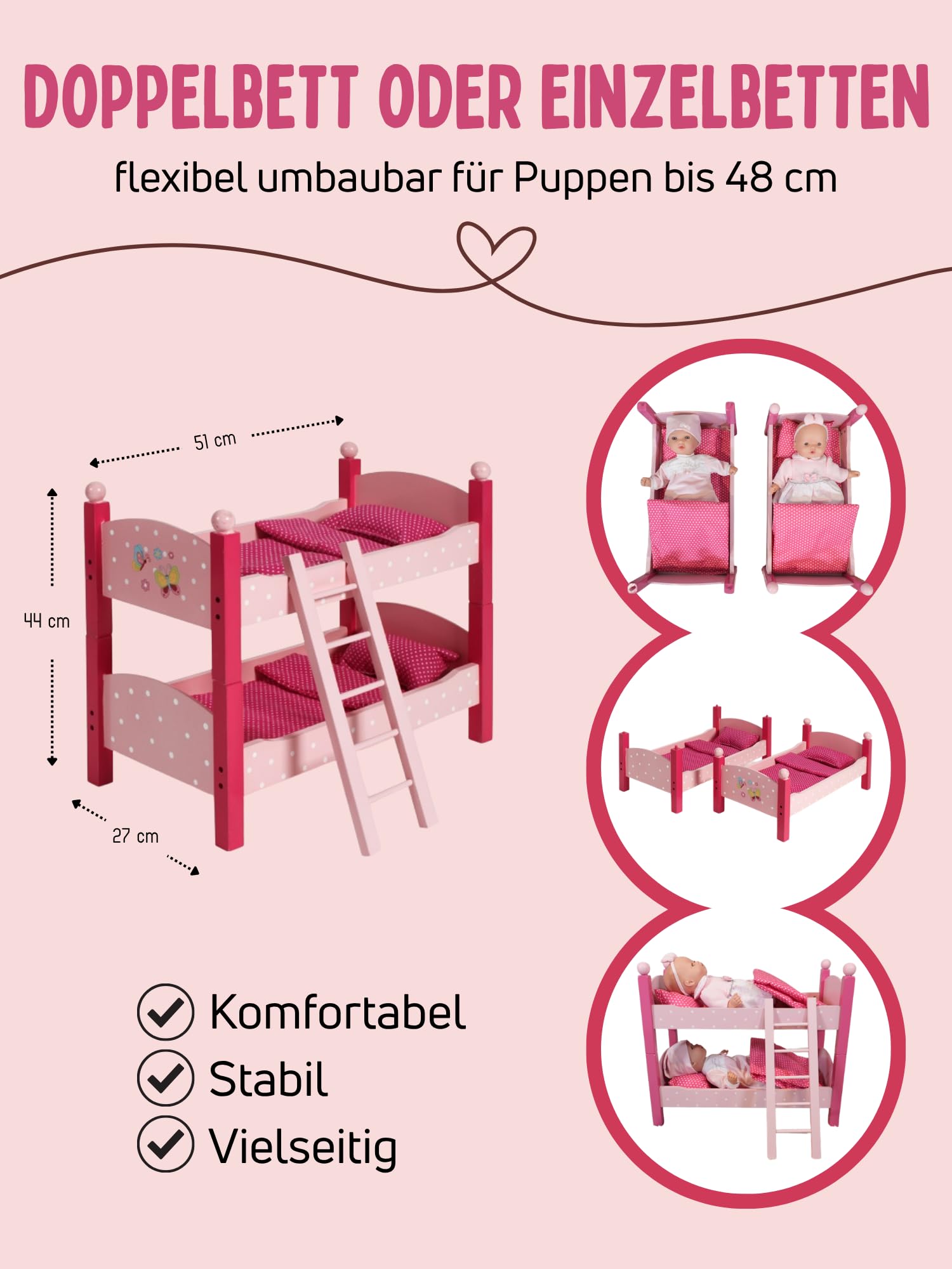 Bayer Chic 2000® Lettino per bambole a castello matrimoniale, Papilio rosa, letto a soppalco per bambole con scala e biancheria da letto, per bambole fino a 48 cm, accessori per bambole, letto in
