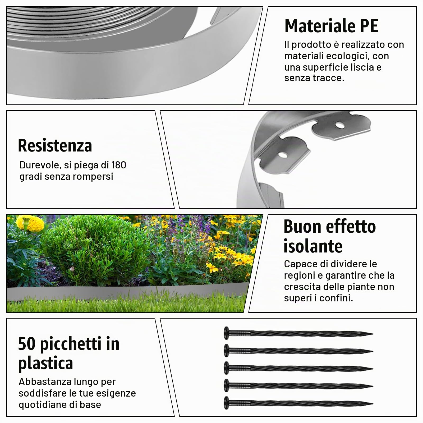 Bordo flessibile per prato, in plastica, 10 m x 5 cm, con 50 picchetti, idea da giardino per giardini, aiuole e sentieri di cortile, grigio