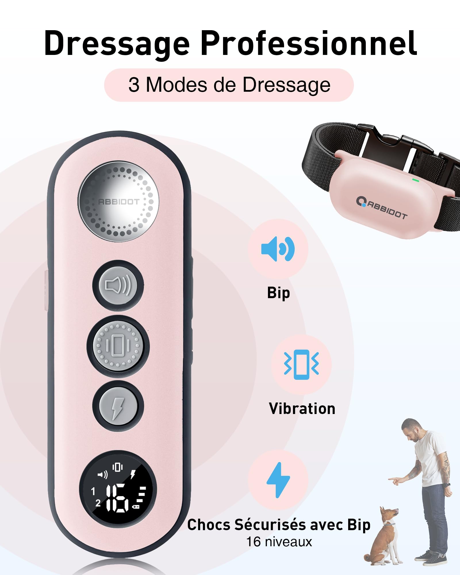 ABBIDOT Collier de Dressage pour Chien - Portée de 1.5km, 3 Modes de Dressage, Bip Vibration Sûr Choc, Collier Electrique pour Petits et Grands Chiens, Étanche Rechargeable, Poids Léger (6-55 kg)