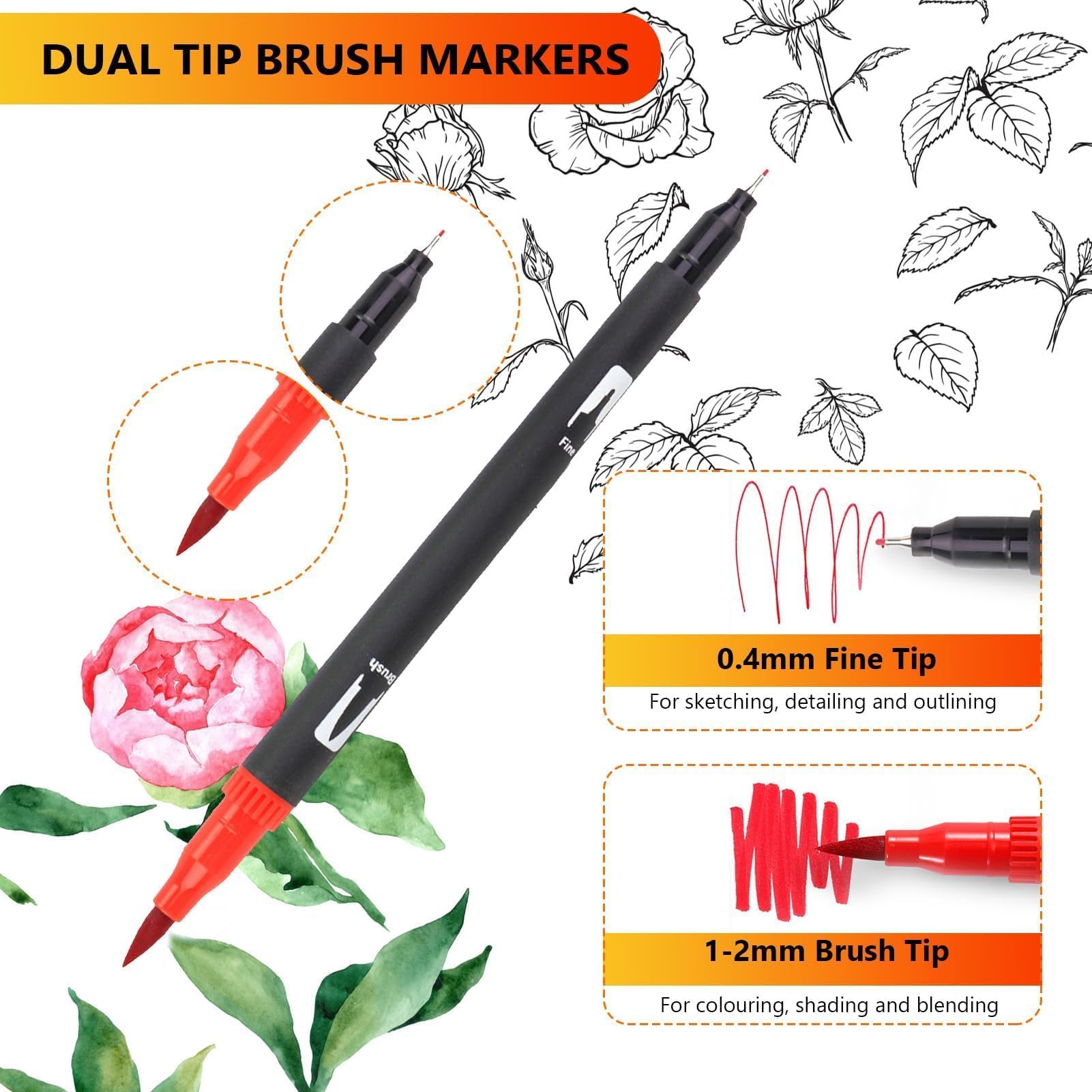 Stylos de Peinture Acrylique, Ensemble de Stylos Pinceaux Aquarelle, Stylos Pinceaux à Double Pointe avec Pointe Fine, Marqueur Artistique, Pointe Souple et Flexible, Stylos de