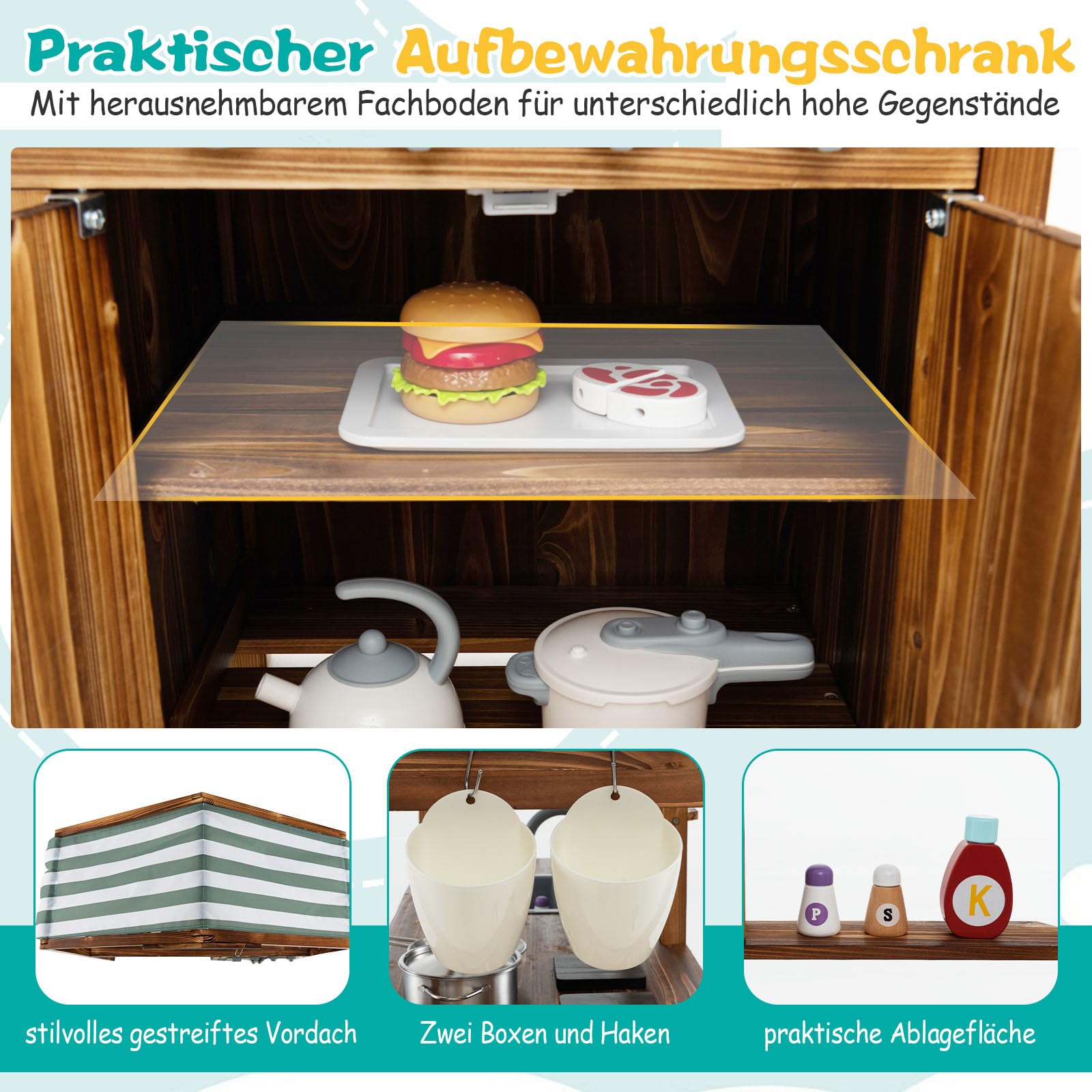 GOPLUS Matschküche Kinder Outdoor, Spielküche mit Vordach, Tafel, 4 Herdplatten, abnehmbarem Waschbecken & Küchenzubehör, Kinderküche Rollenspielküche mit Stauraum für Kinder ab 3 Jahren, Natur