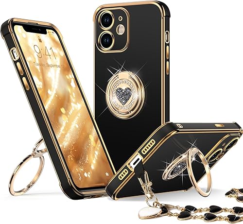 Miniatura 8 de XYZ Funda para iPhone 14 con soporte, funda para teléfono con soporte de doble anillo, para mujeres y niñas, funda transparente con purpurina de Oro