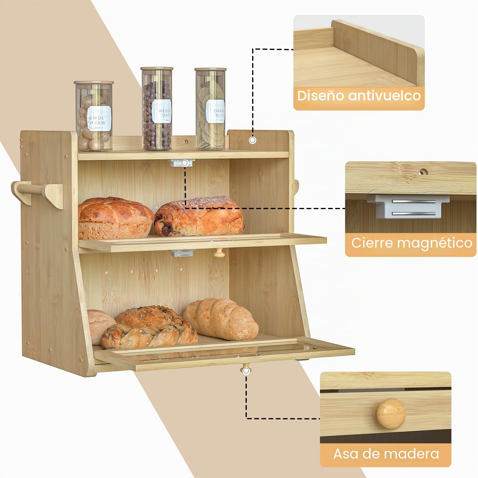 Panera de Bambú de 2 capas Con Tabla de Cortar y Caja de Almacenamiento, Visualizada para Pan Tostado, 40 x 28 x 38 cm, Bambú Natural