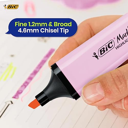 Miniatura 3 de BIC - Paquete de 6 rotuladores de plástico con tinta rosa pastel para notas suaves, reflejos precisos, ideal para la escuela y la oficina
