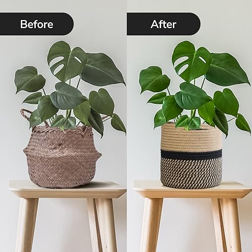 Miniatura 33 de TIMEYARD – Cesta para plantas de cuerda de yute, cesta tejida grande moderna para macetas de 11'' para jardineras interiores, cesta de Yute Mixto