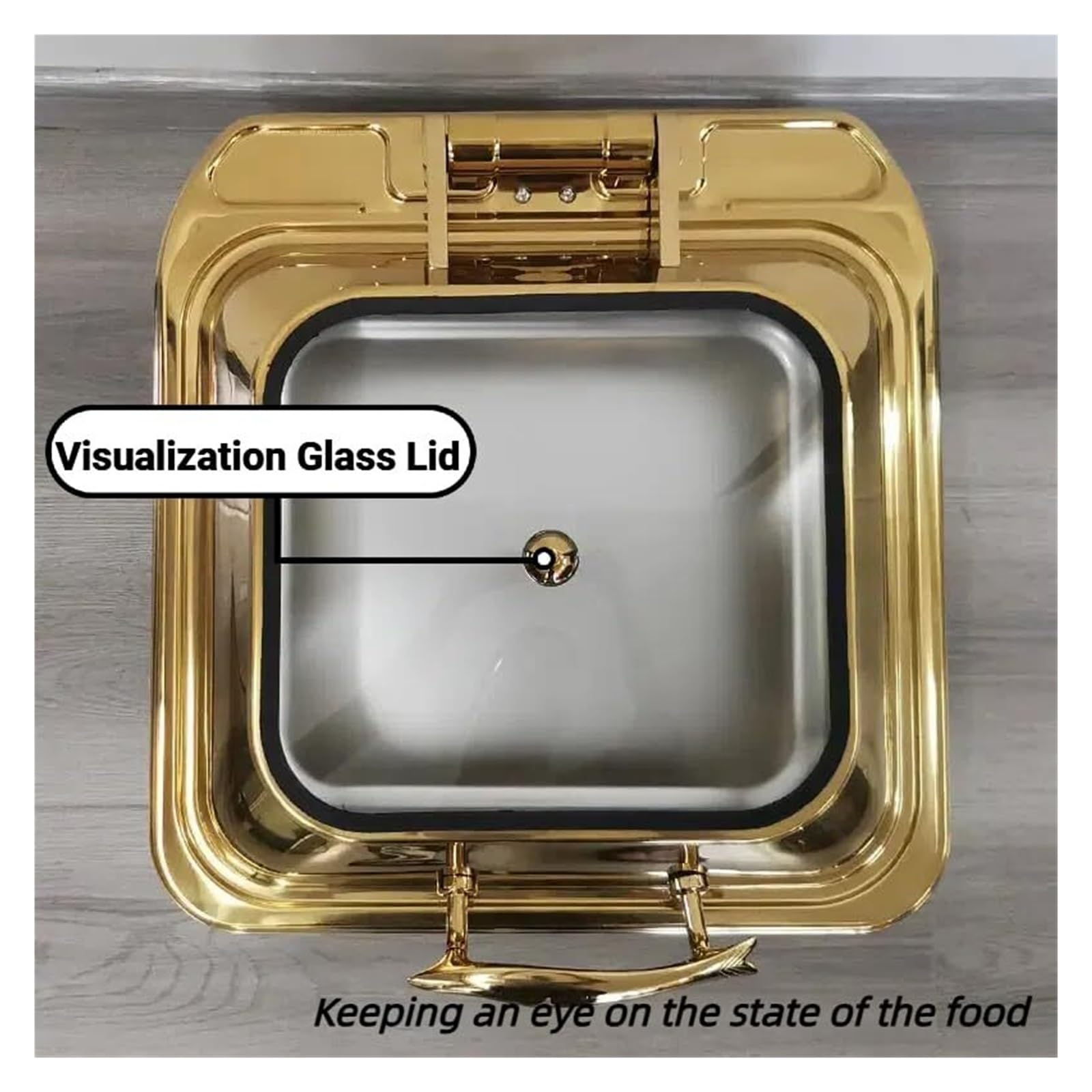 Scaldavivande Quadrati in Acciaio Inox for Buffet Cucina a Buffet | Con coperchio in vetro e design ammortizzante: scaldavivande for feste a buffet, supporto stabile(Gold)