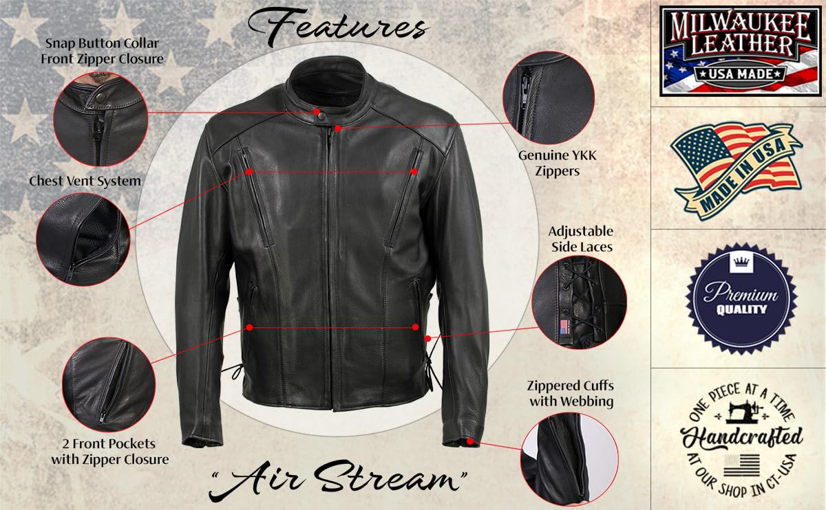 Milwaukee Leather USA MADE MLJKM5002 Mens Black Air Stream Vented Premium Leather Motorcycle Jacket with Side Laces — view 3