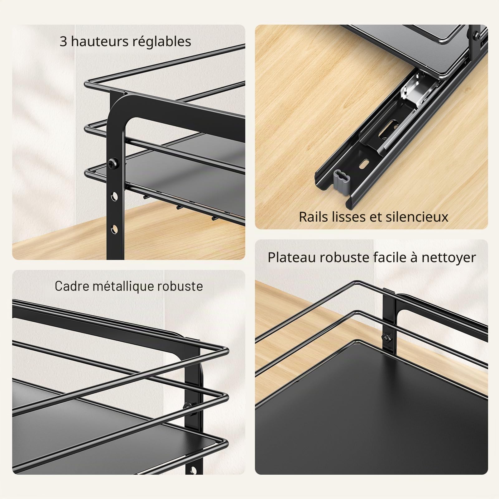PanPanPal Organisateur d'Épices 2 Niveaux Coulissant Noir pour Placard de Cuisine – Coulisse Tiroirs Extractibles, Gain de Place et Pratique, 27.2 Profondeur x 24.5 Largeur x 26 Hauteur cm