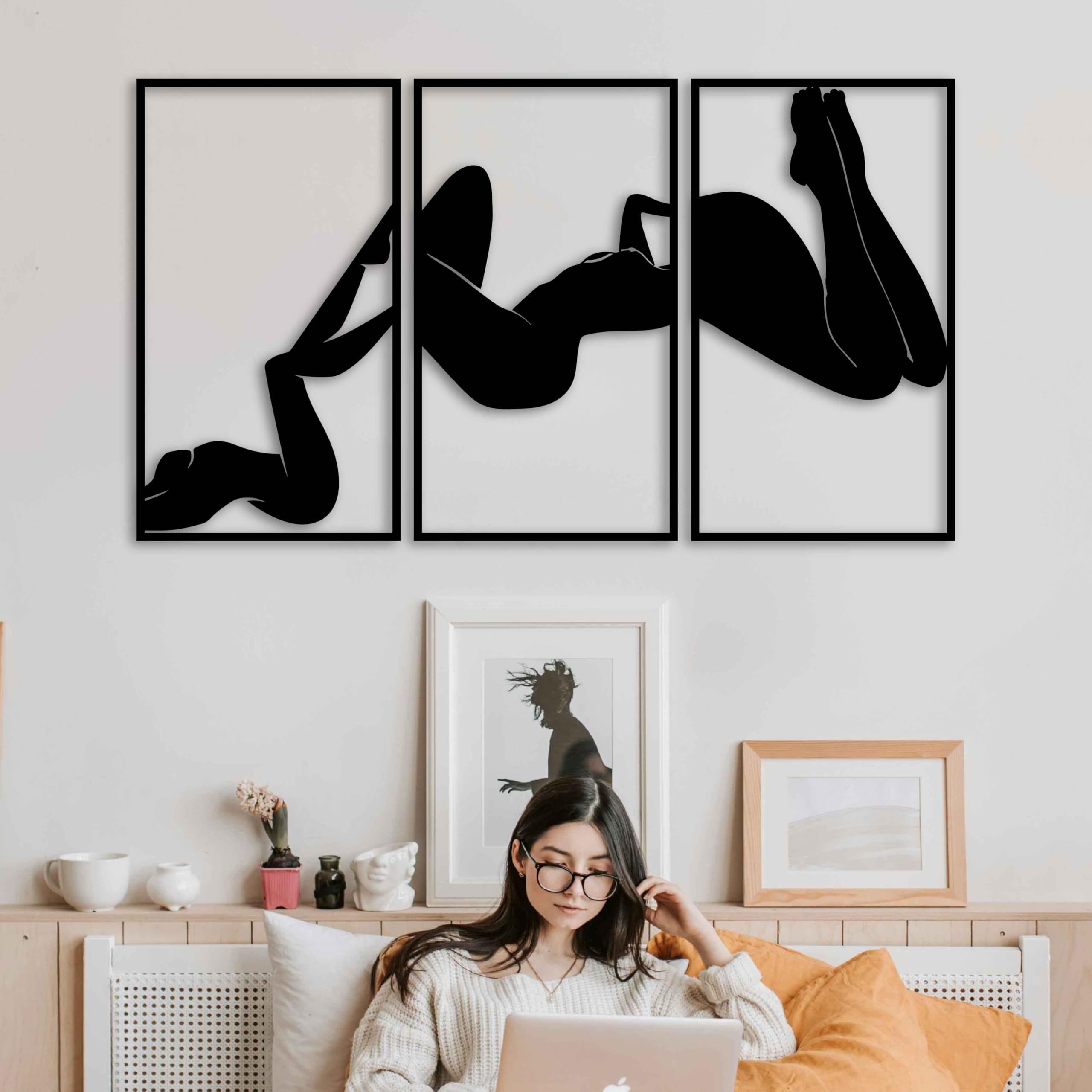 KAWA METALWORKS Set di decorazioni da parete in metallo con linea nera, arte minimalista femminile in metallo per interni moderni, regalo estetico per nuova casa, arte femminile da parete per