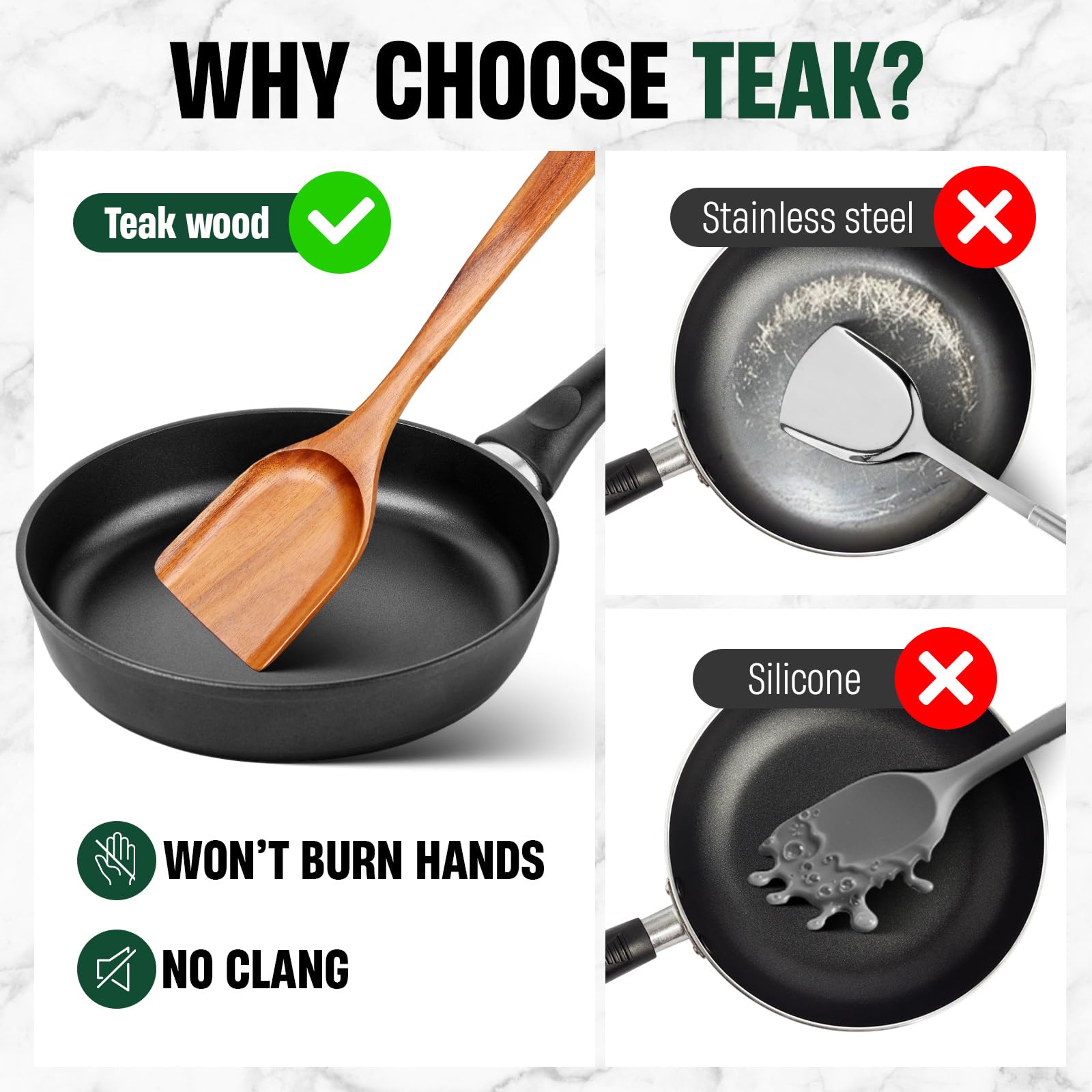 Bkiok Holzlöffel zum Kochen, Küchenutensilien-Set aus natürlichem Teakholz, für antihaftbeschichtete Pfannen, hitzebeständiger Holzspatel und Salatgabel (4-teiliges Set)