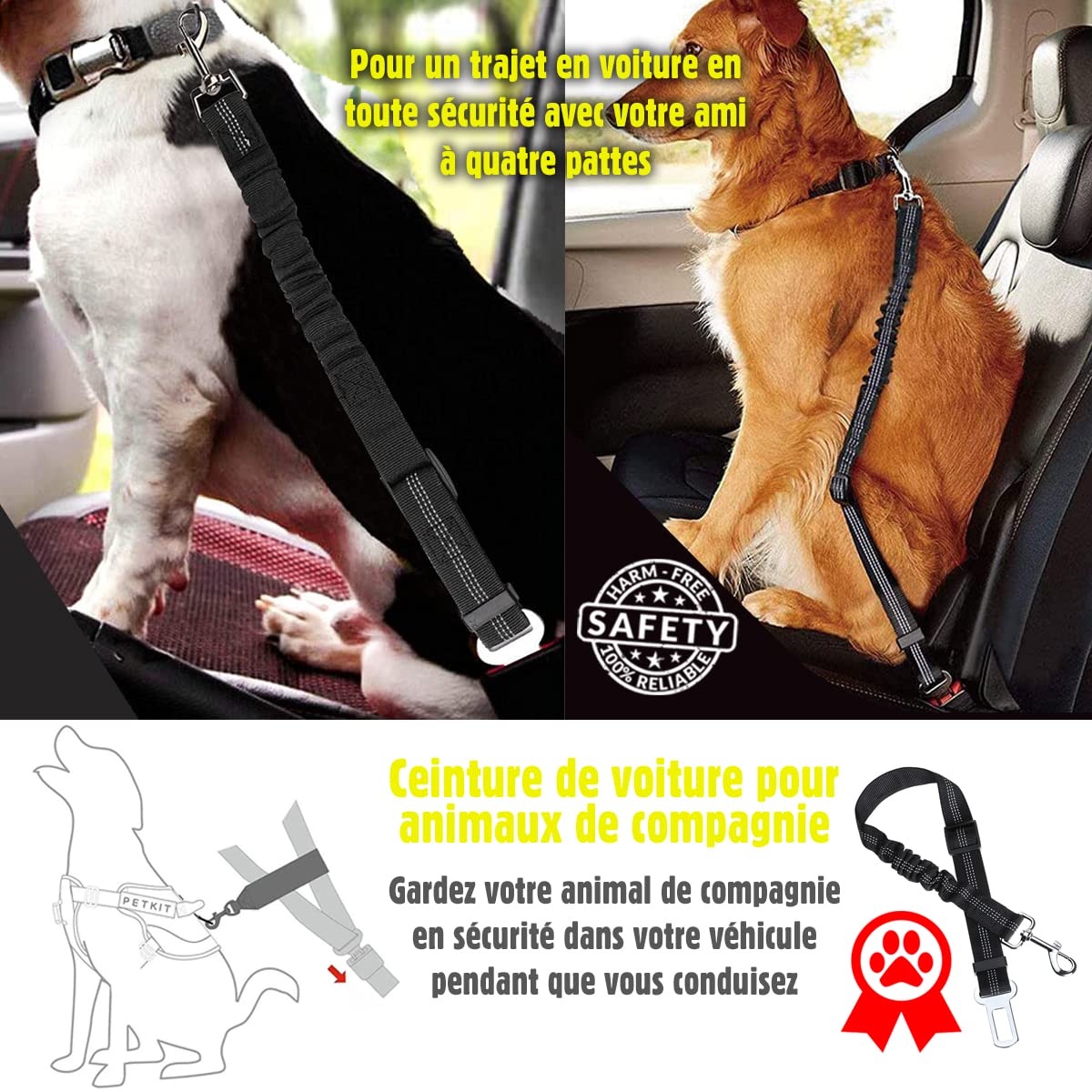 Ceinture Chien Voiture - Harnais Voiture pour Chien - Ceinture de sécurité pour Chien Noir - Laisse pour Voiture avec Absorption de Chocs - Accessoire pour Chats et Chiens