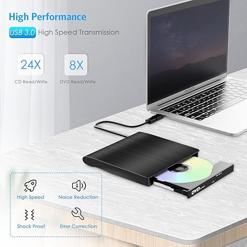 Miniatura 3 de AMIR Unidad de DVD externa, USB 3.0 y grabador de CD tipo C, CD DVD portátil +-RW Drive DVD para laptop, laptop, computadora de escritorio