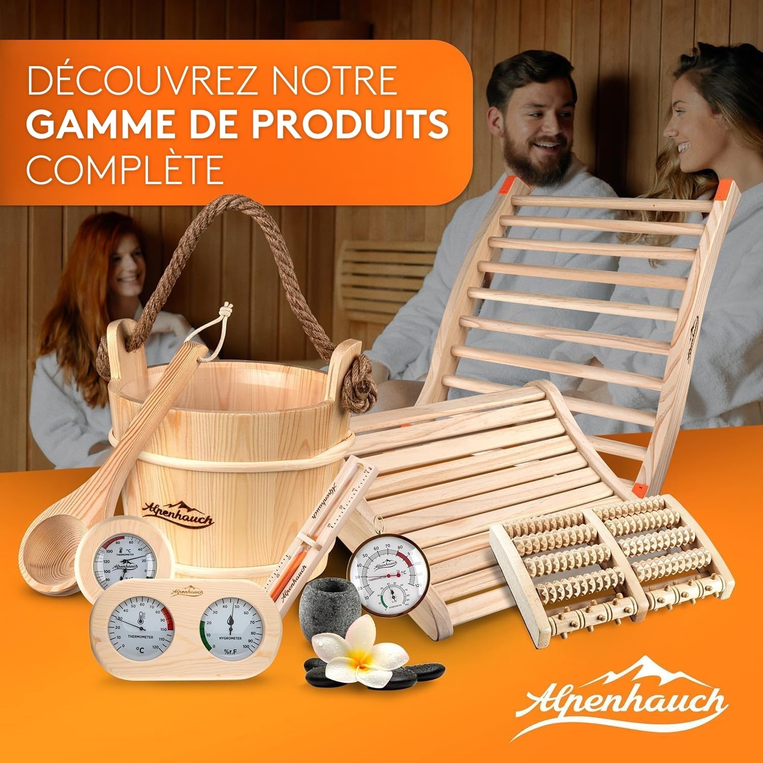 ALPENHAUCH Seau de sauna avec cuillère à pelle [100 % bois naturel] – Seau de sauna élégant avec sablier et thermomètre – Accessoires de sauna durables – Set de seaux à verser (seau de sauna avec
