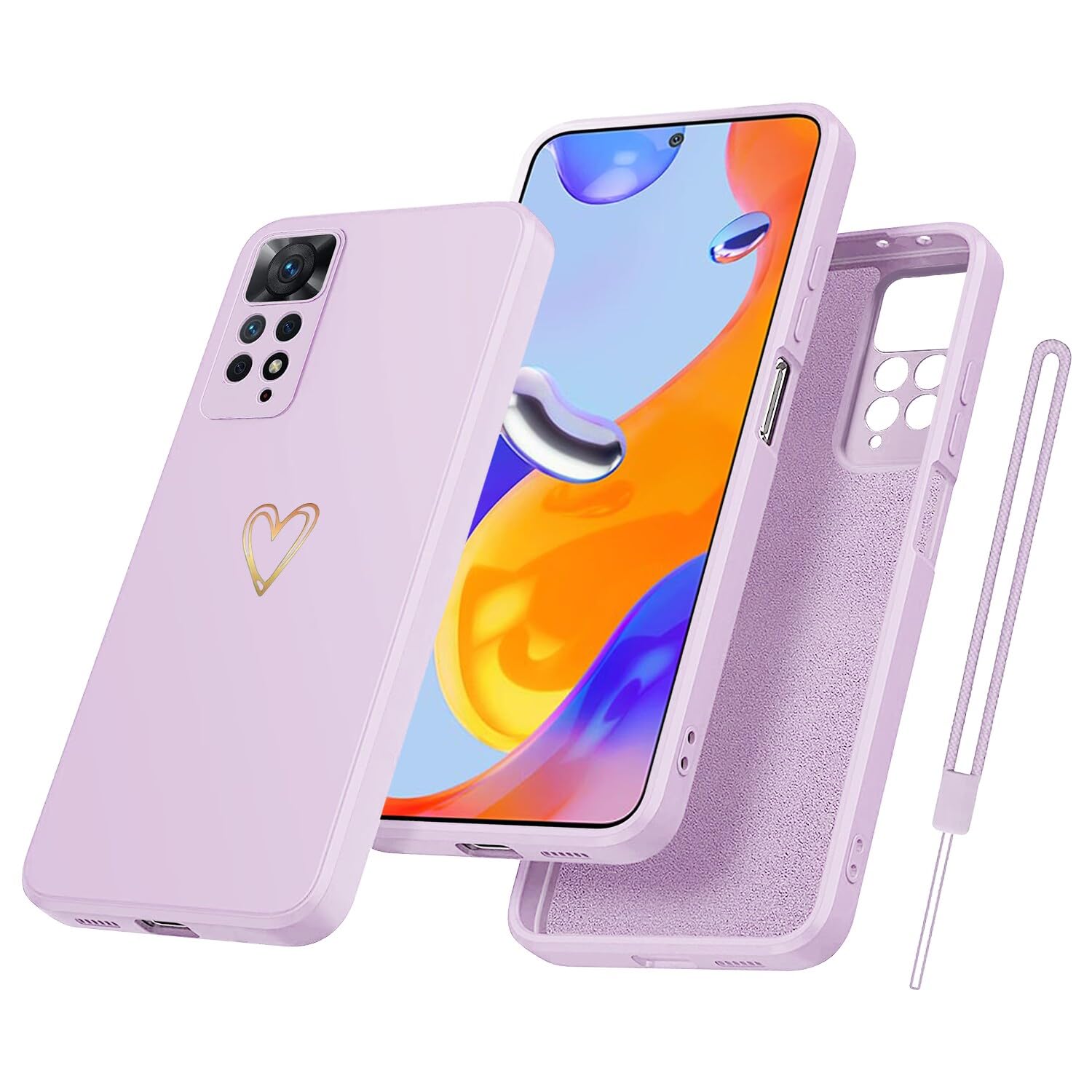 Oelrstfe Cover per Xiaomi Redmi Note 11/Note 11S con Cordino,Custodia Silicone Morbido Sottile con Motivo Cuore e Collana Laccio Tracolla,Antiurto Antigraffio Corda Collo Regolabile Case,Nero