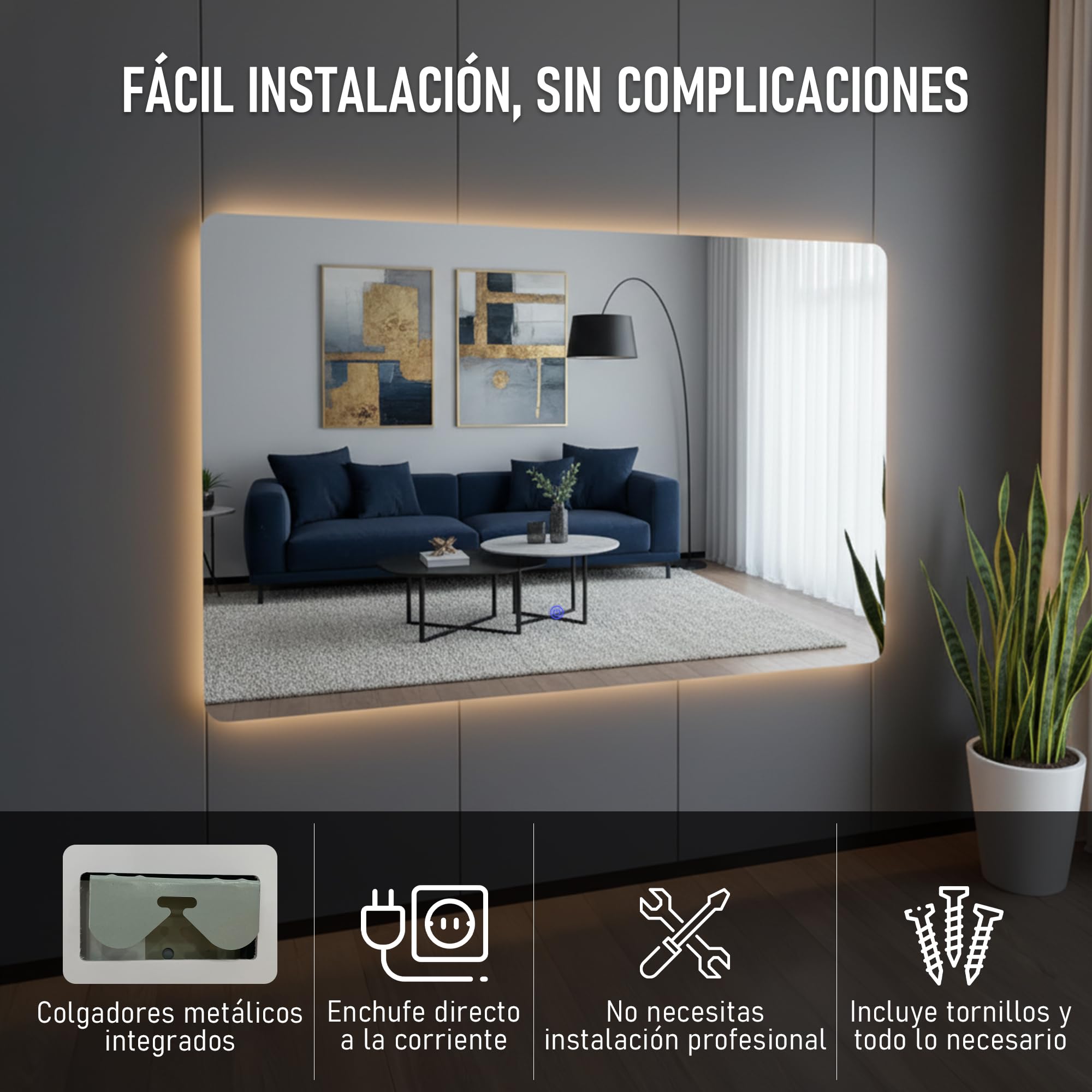 Espejo de Pared Decorativo con Luz LED Regulable 3000K/4000K/6000K【70x50 cm】 Diseño Rectangular, Función Antivaho con Interruptor Táctil e Instalación Fácil