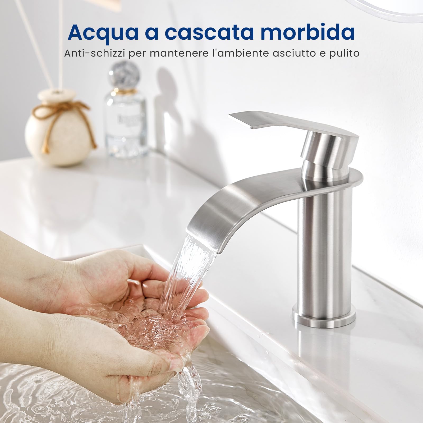 CECIPA Rubinetto Bagno Lavabo Spazzolato a Cascata, Miscelatore Lavabo con Becco Altezza 8,6cm, Rubinetto Lavandino Bagno in Acciaio Inox 304