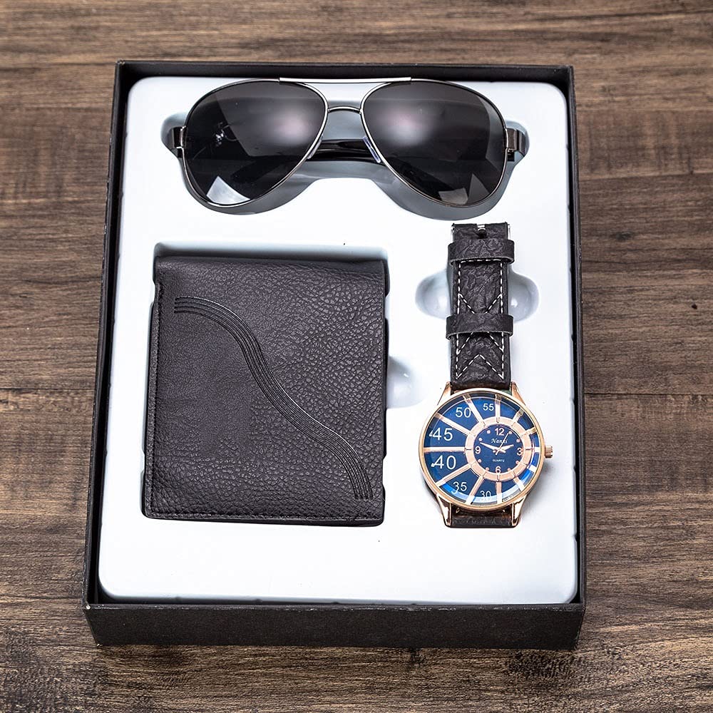 HMTE Business Casual 3 pz/Set Set Regalo da Uomo Orologio Squisito Occhiali da Sole Cintura in Pelle Set Regali per Gli Uomini Fidanzato papà