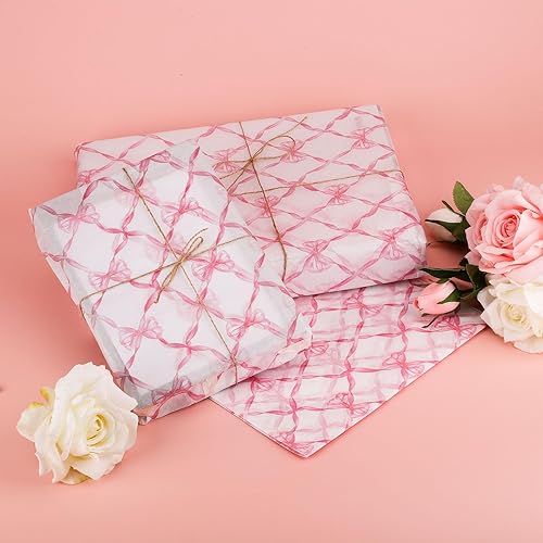 Miniatura 3 de 30 piezas de papel de seda con estampado de pajarita de red rosa, papel de seda de embalaje de 14 x 20 pulgadas, papel de envoltura de regalo, hojas
