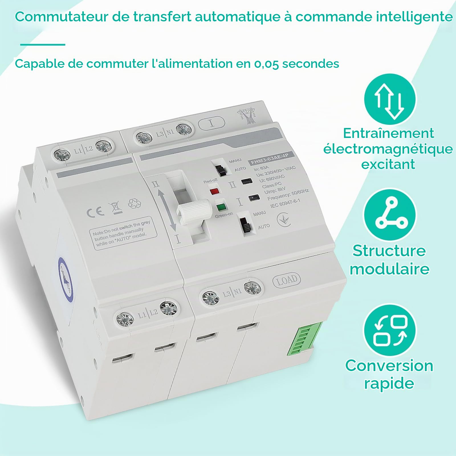 CPROSP Inverseur de Source Monophasé Automatique 63A DIN 220V 4P | Commutateur de Transfert Automatique 4 Double Alimentation; Interrupteur Différentiel 63A Contacteur Jour Nuit Chauffe Eau