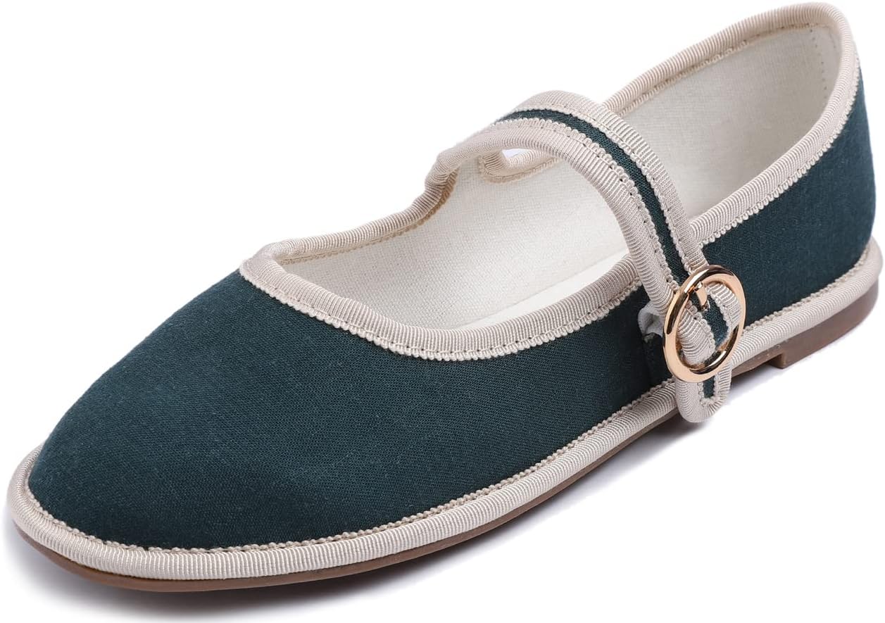 Dark Green Canvas Mary Jane With Round Buckle