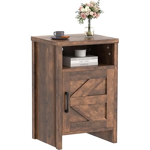 JUMMICO Farmhouse Nightstand, Modern Bedside Table with Barn Door and Shelf, Rustic End Table Side Table for Bedroom, Living Room (1, Rustic Oak)