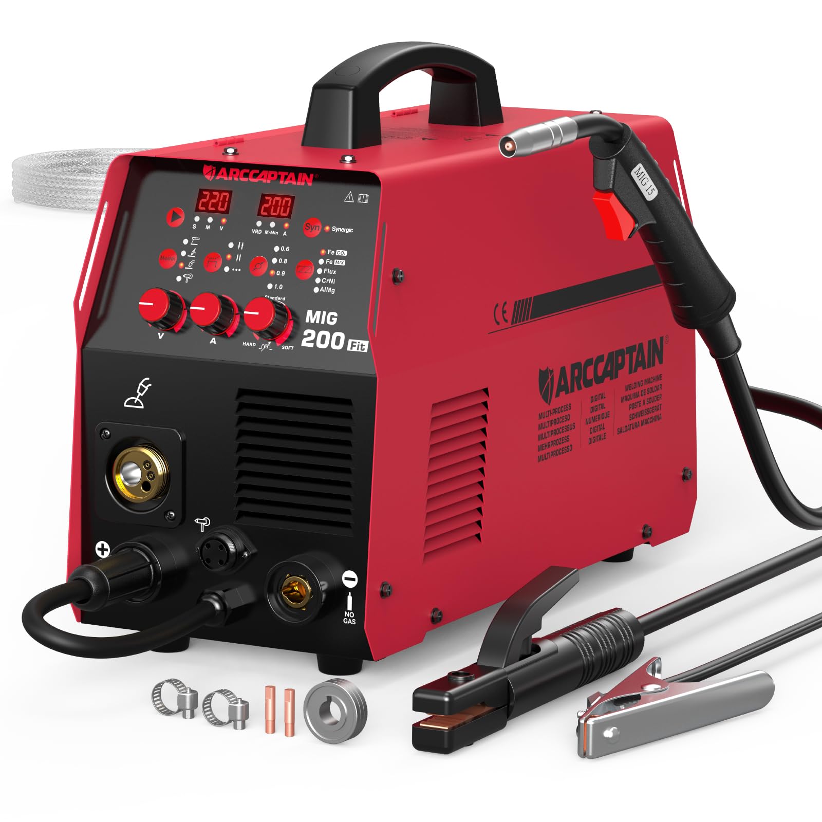 Soldadora MIG de Aluminio 6 en 1 ARCCAPTAIN, 200A, Lift TIG/MMA 230V | MIG con gas/Núcleo de flujo/Lift TIG/MMA/MIG con pistola de carrete/Soldadura por puntos Multiproceso con Sinergia