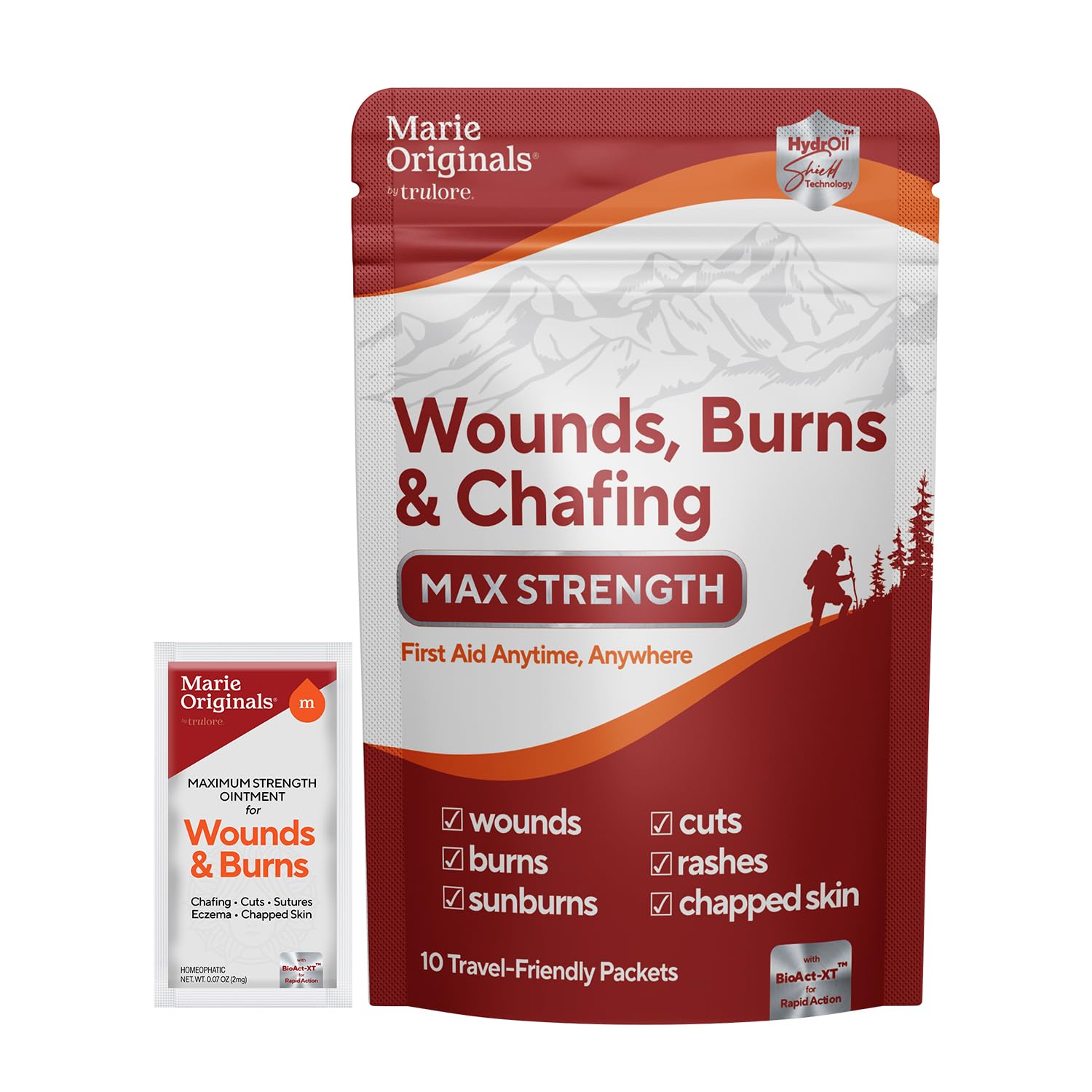 Marie Originals Wounds, Burns & Chafing Pouch 10 packets, Max Strength First Aid Anti Chafing Cream for Men and Women with Natural Botanicals for Active Lifestyles, Soothes Dry Cracked Skin On-the-Go