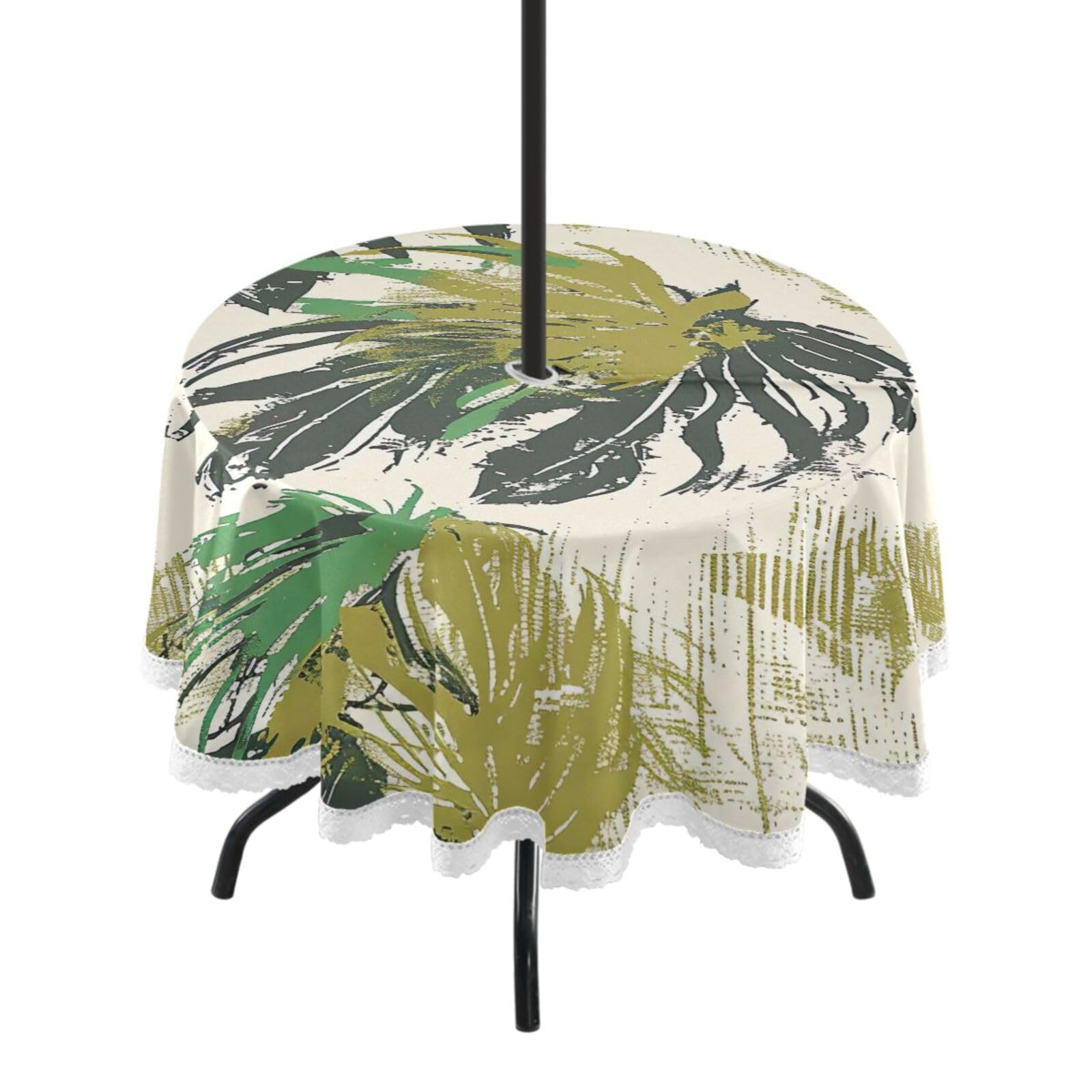 Wajiw 60 Inch Indoor Outdoor Round Tablecloth with Umbrella Hole and Zipper Waterproof Patio Table Cover for Camping Dining Room Party Outdoor Picnic,Tropical Leaf