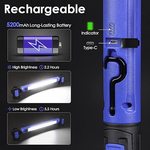 Miniatura 5 de Ropelux Luz de trabajo LED COB de 2500 lúmenes, barra magnética recargable bajo el capó de 5200 mAh, portátil para mecánica, garaje, taller,