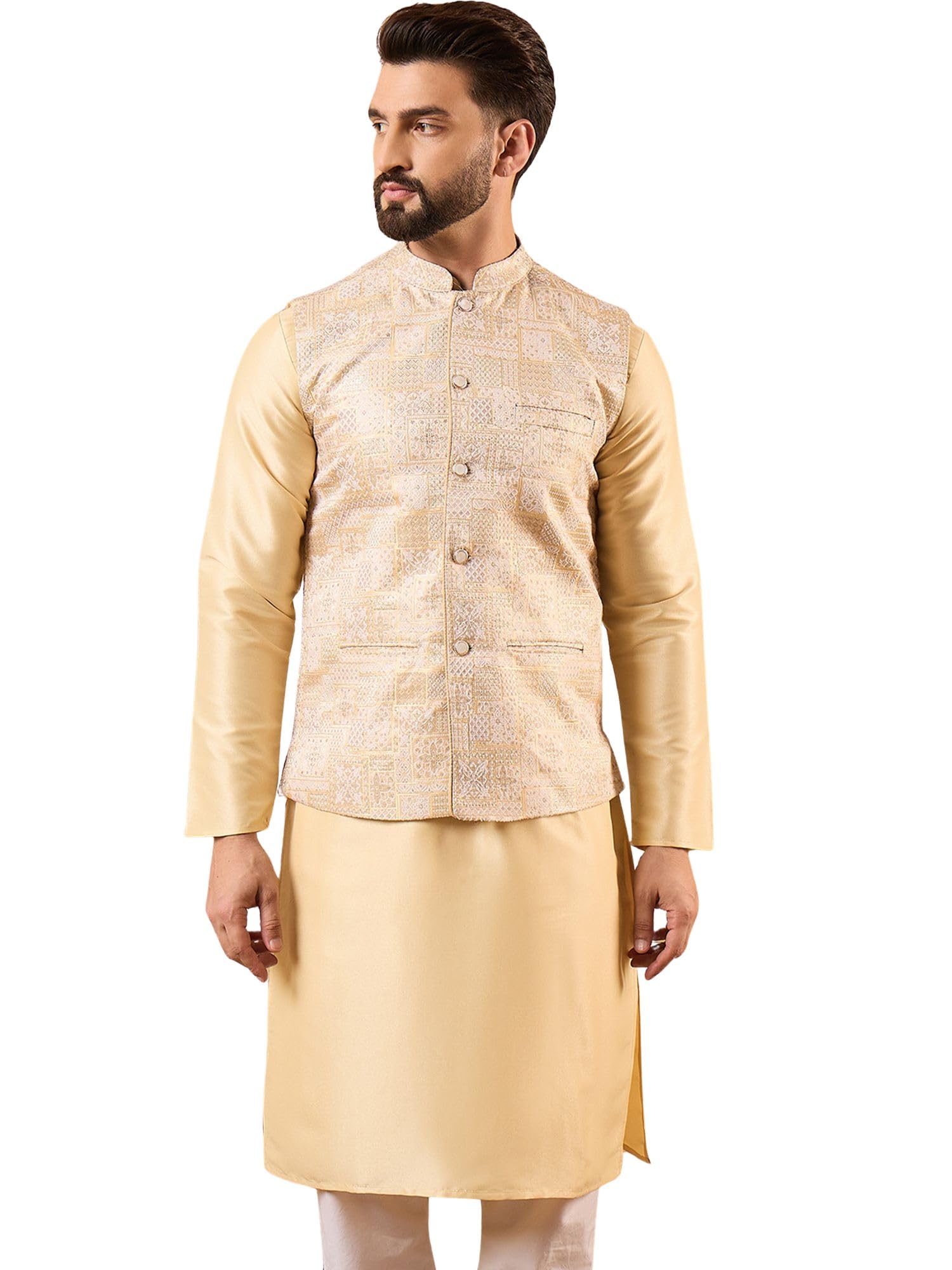 Mens Cream Silk Blend Woven Design Mandarin Collar Koti | Men's | Koti's for Men | Woven Design Kotis for Men's (MKOT1011, S)-image-43