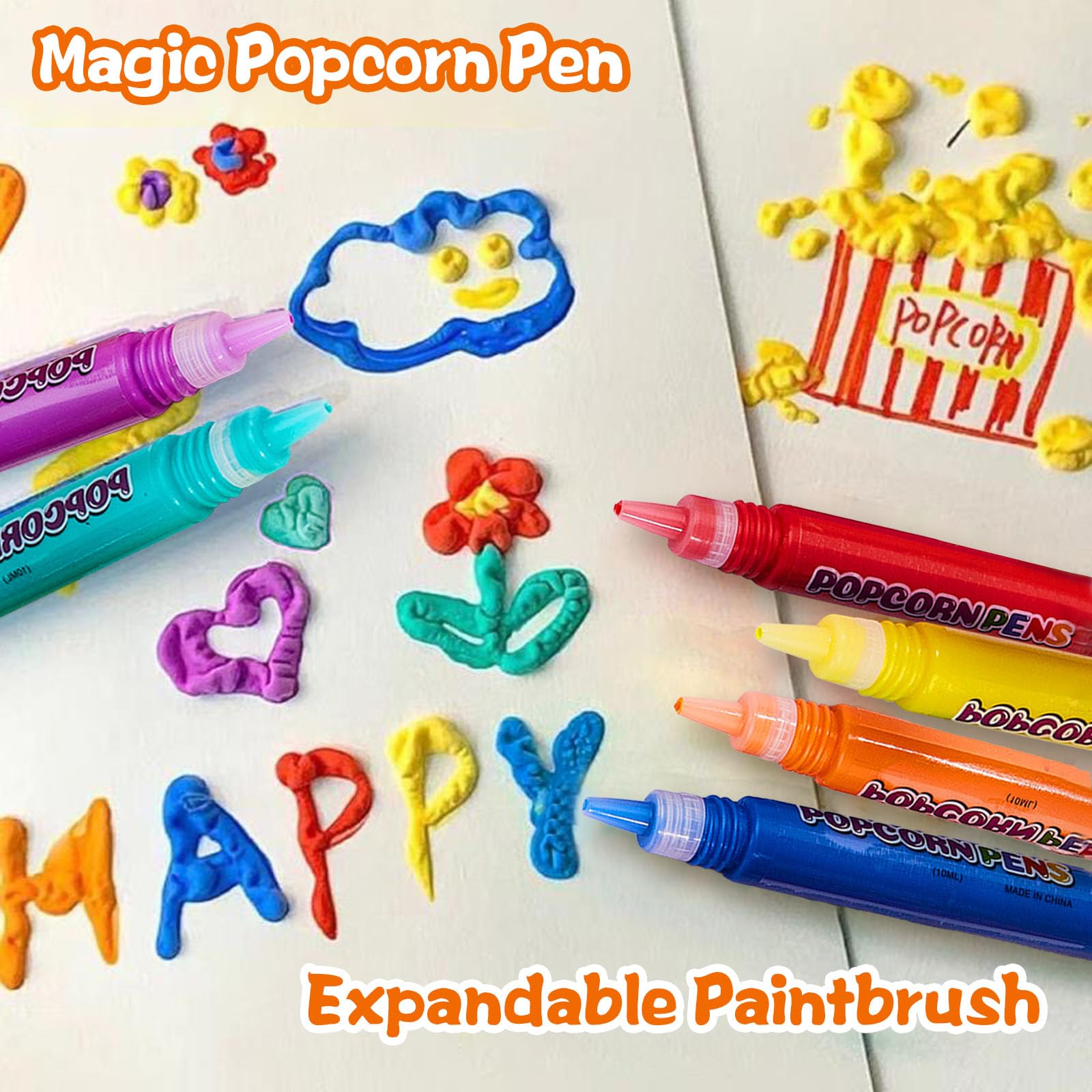 QJFHURB 6 Pack Puffy Pens Bubble Pen Magic Puffy Pens Popcorn Pens Magic Popcorn Pen 3D Watercolour Pen Popcorn Pens Premium 3D Drawing Pen Set for Children Educational DIY Popcorn Pen :