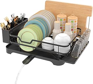 E-MANIS Dish Drainer,Single Layer Tableware Dish Rack,with Drip Tray and Spiral Nozzle,Dish Drying Rack with Removable Cutlery Holder,Sink Drainer Rack for Kitchen