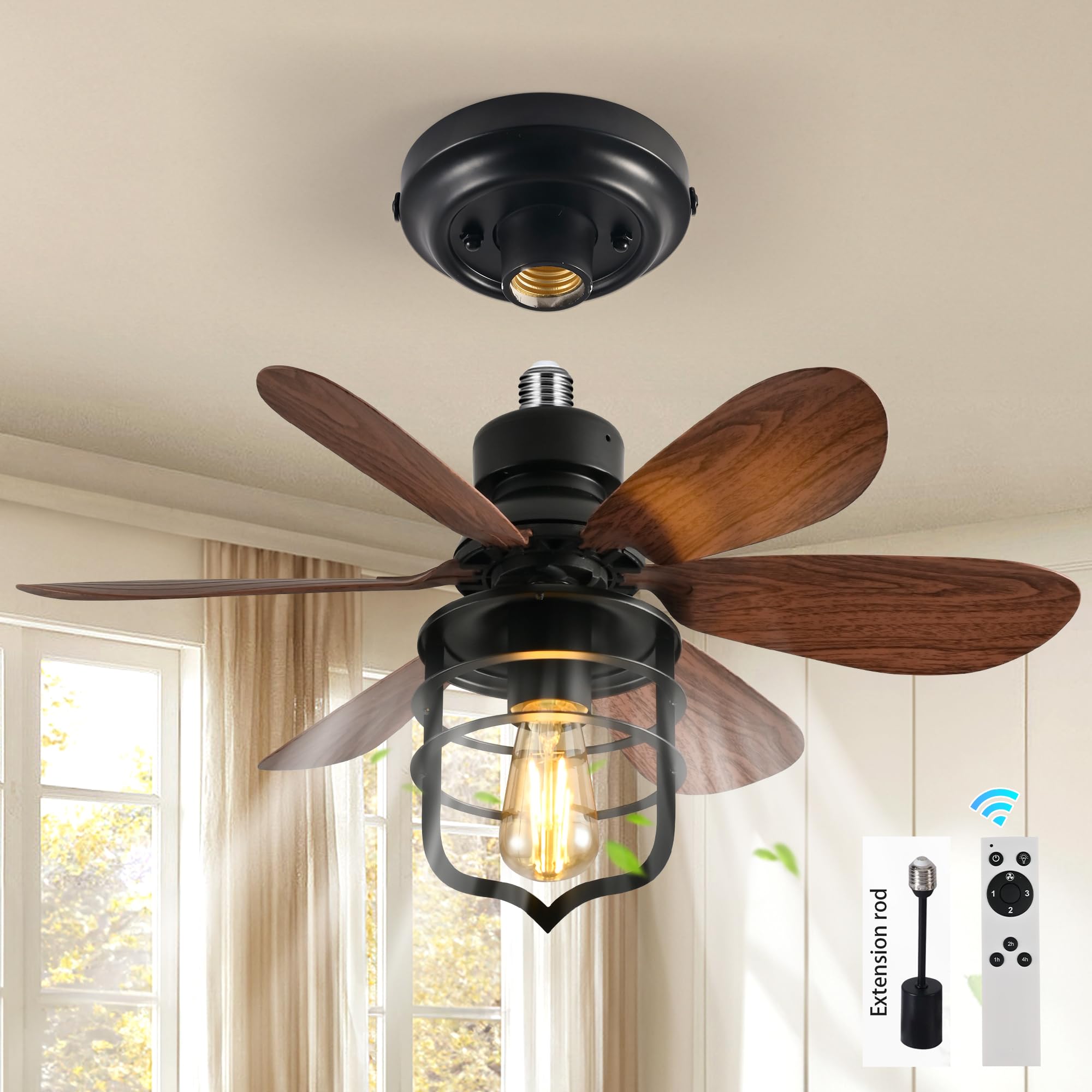 Ganeed Ventilador Techo Enrosque con Luces y Control Remoto Lámpara Techo con Ventilador Estilo Industrial Luz Ventilador Socket E27 para Dormitorio Pequeño Lavandería Almacén Garaje Negro