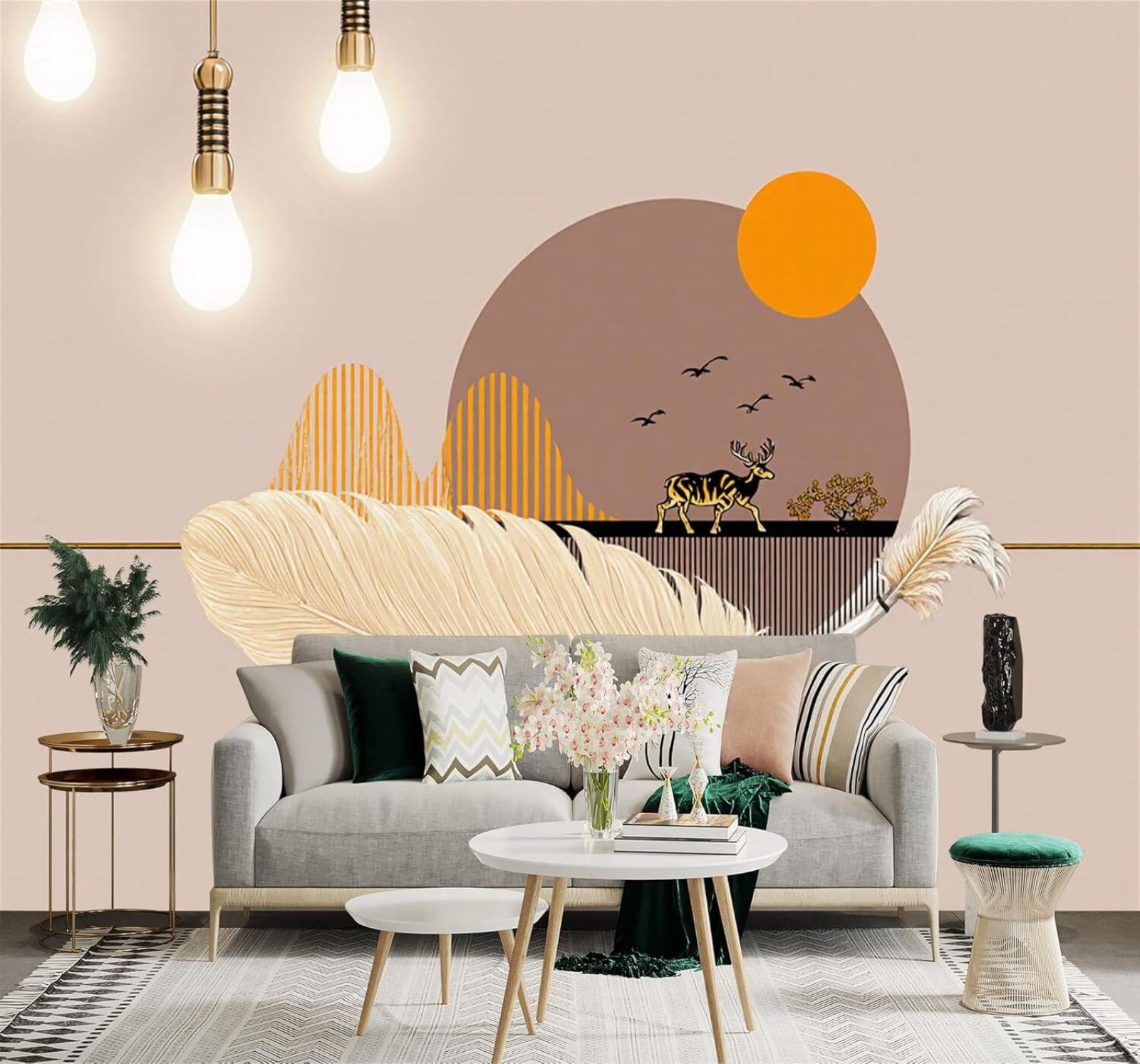 XLMING Golden Deer Feathers Sunlight Abstract Mountains 3D Wallpaper Silky Texture Home Study Office Grey Dining Room Sofa Bedroom Living Room TV Backdrop-400cm×280cm