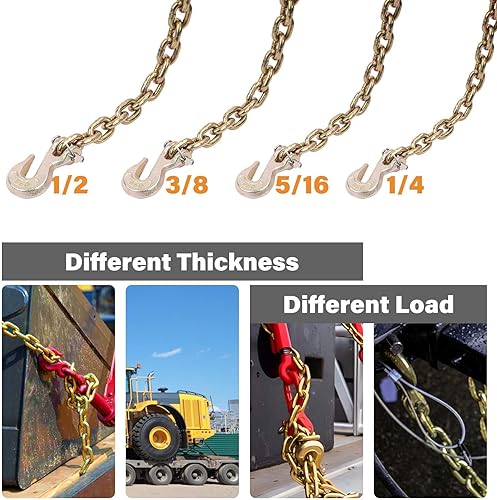 Miniatura 8 de Lechansen Cadena de transporte G80 de 516 pulgadas x 10 pies, cadena de remolque con ganchos de agarre clevis de grado 80, cadenas con tensor de