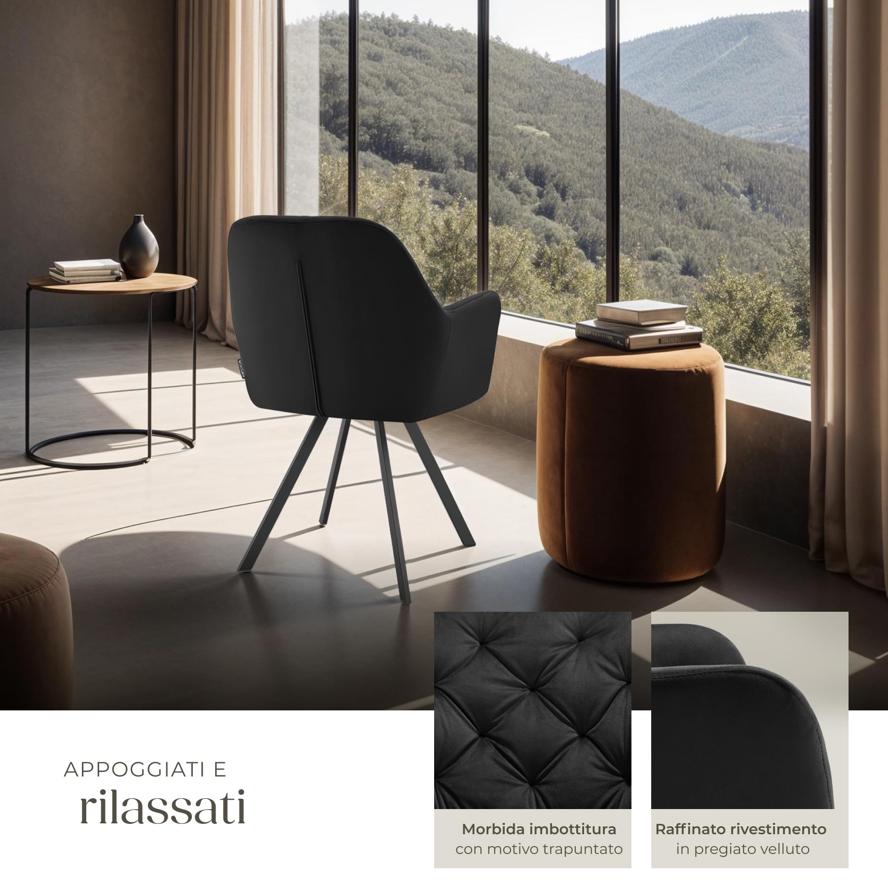 tectake® Set da 4 Poltrona Girevole in Velluto, Sedia Sala da Pranzo con Braccioli, Seduta e Schienale Ergonomici, Rotazione a 180°, Sedia Moderne con Gambe in Acciaio - Nero