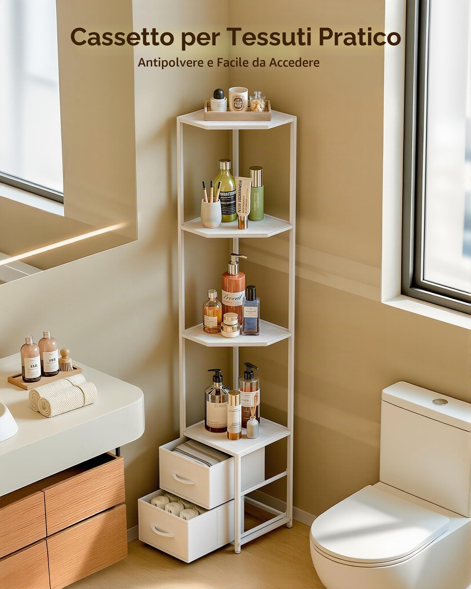 Housolution Scaffale d'Angolo con Portaoggetti, 6 Piani Alto 63,4" con 2 Cassetti di Stoffa, Scaffale d'Angolo Indipendente per Soggiorno Camera da Letto Cucina Bagno (Bianco)