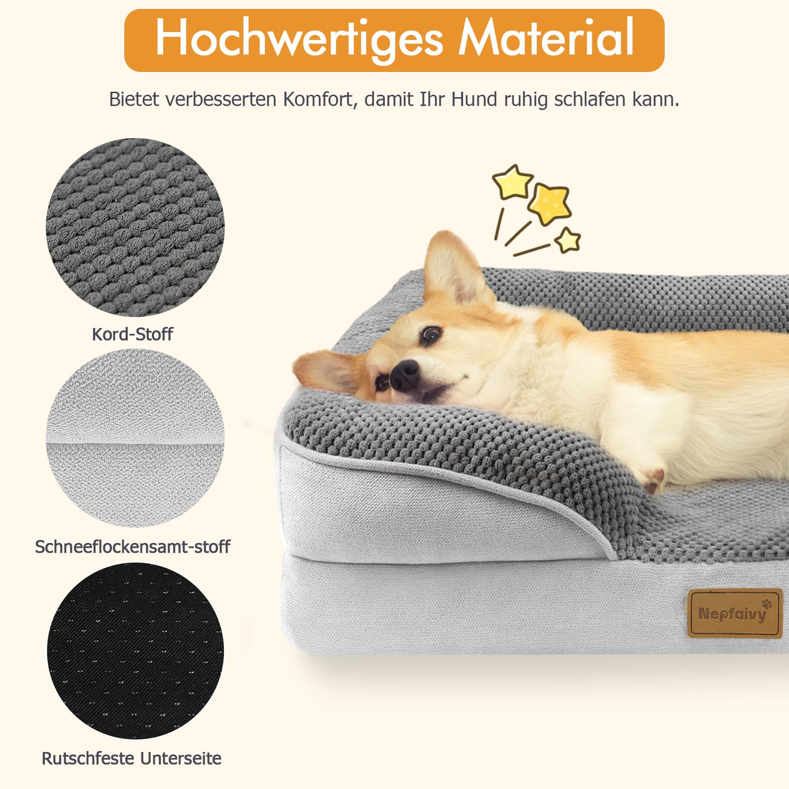 Nepfaivy Hundebett Grosse Hunde Orthopädisch - 111x80x17cm Hundekorb Hundesofa Waschbar mit Eiförmigem Schaumstoff, Hundecouch mit Hohem Rand und Rutschfestem Boden für Große Hunde