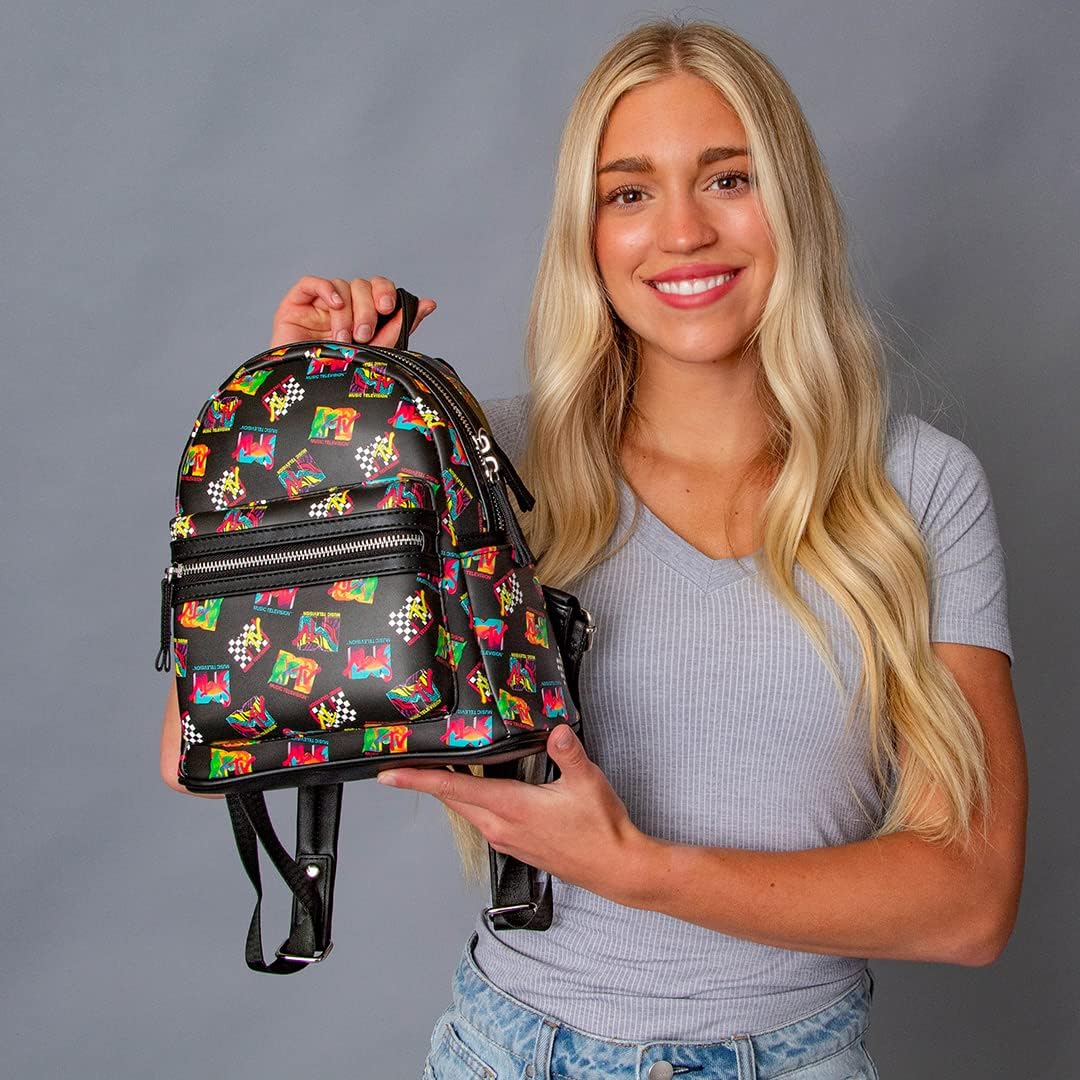 INTIMO MTV Music Television '80s Logo Tossed Print Zippered Mini Small Backpack Bag 10."