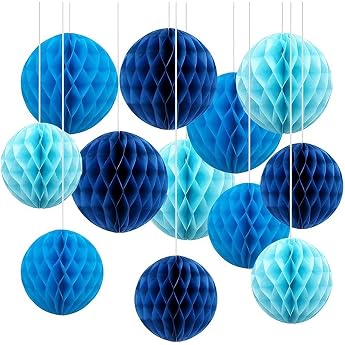 Heqxwl Pack of 12 Paper Honeycomb Balls Hanging Decoration - Light Blue Sky Blue Royal Blue - 15cm & 25cm - Wedding Decoration Party Decoration Background Decoration