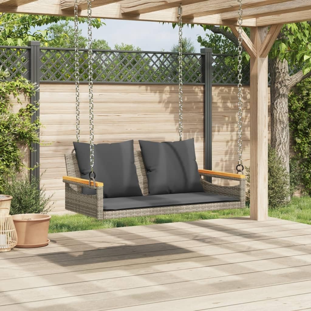 Gecheer Panchina Dondolo in Polyrattan Grigia 109x62x40 cm con Cuscini, Funzione Oscillante, Struttura in Acciaio Verniciato e Legno di Acacia, per Giardino Esterno