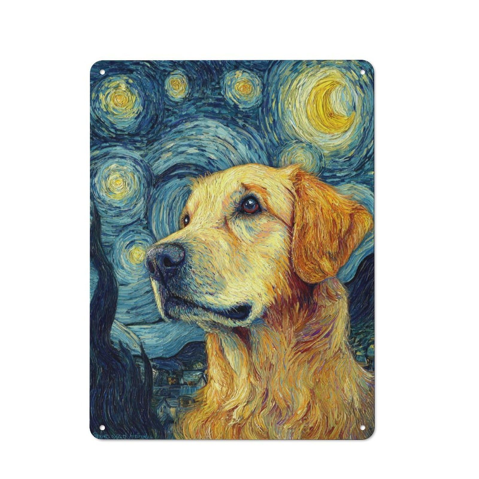 Junmoney Golden Retriever In Starry Night Metal Sign 40X30cm With For Workshop Wall, Retro Decor, For Garage, Workshop And Man Cave Decoration