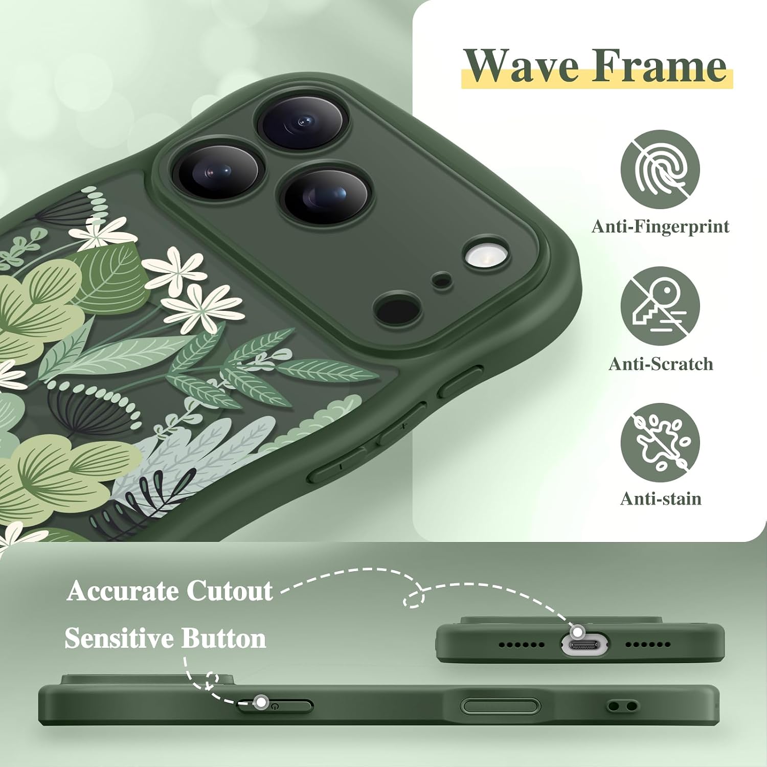 GVIEWIN for iPhone 17 Pro Max Case Compatible with MagSafe [Curly Wave Edge][Full Camera Protection] Floral Translucent Shockproof Magnetic Women Phone Case for 17 Pro Max, Sedge/Forest Green thumbnail