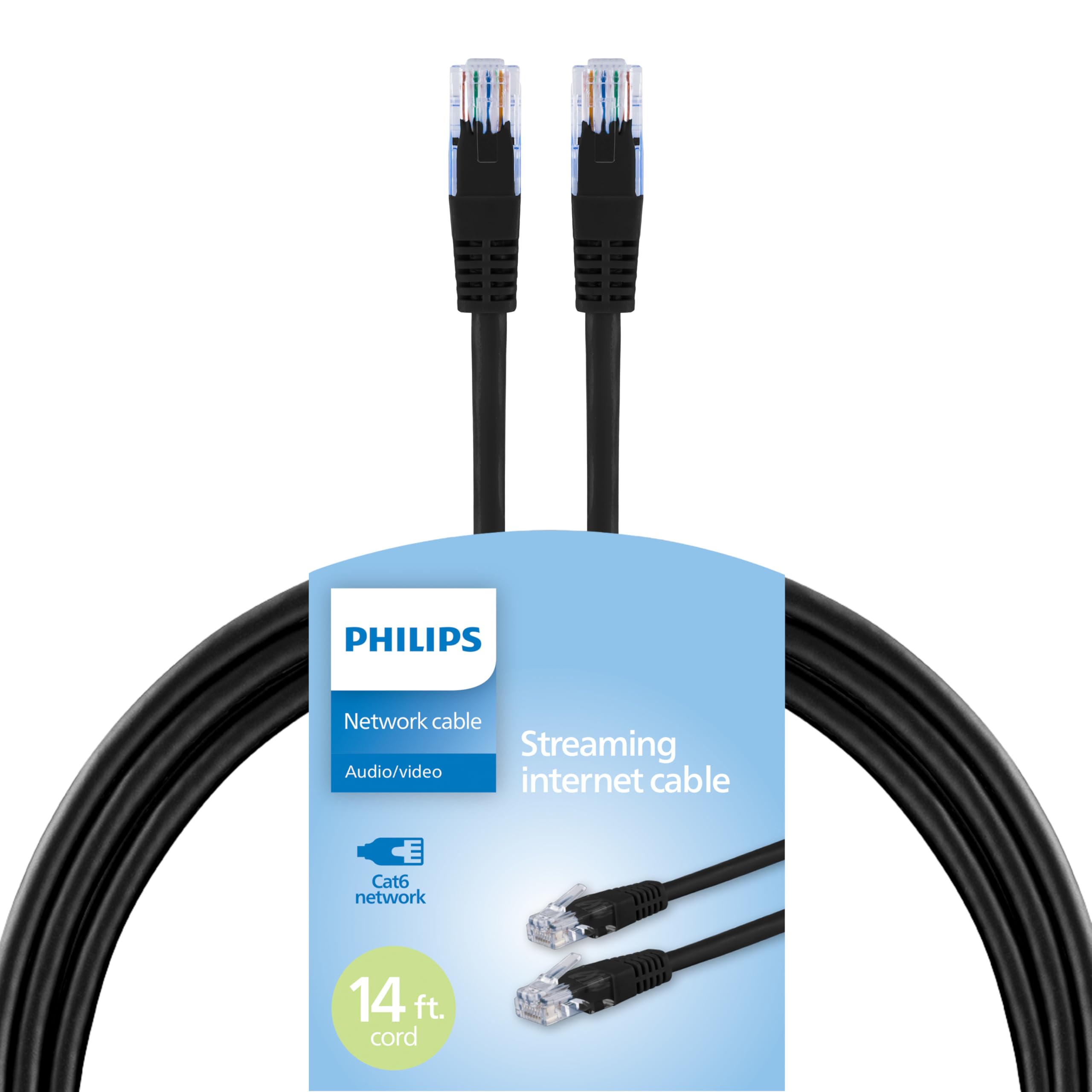 Philips Cat6 Ethernet Cable, Extra Long 14 Ft Cord, 10 Gbps, 250Mhz, RJ45M Connector, for Computer, Game Console, Cable/DSL Modem, Network Switch, Streaming Device, Black, SWR3153B/37