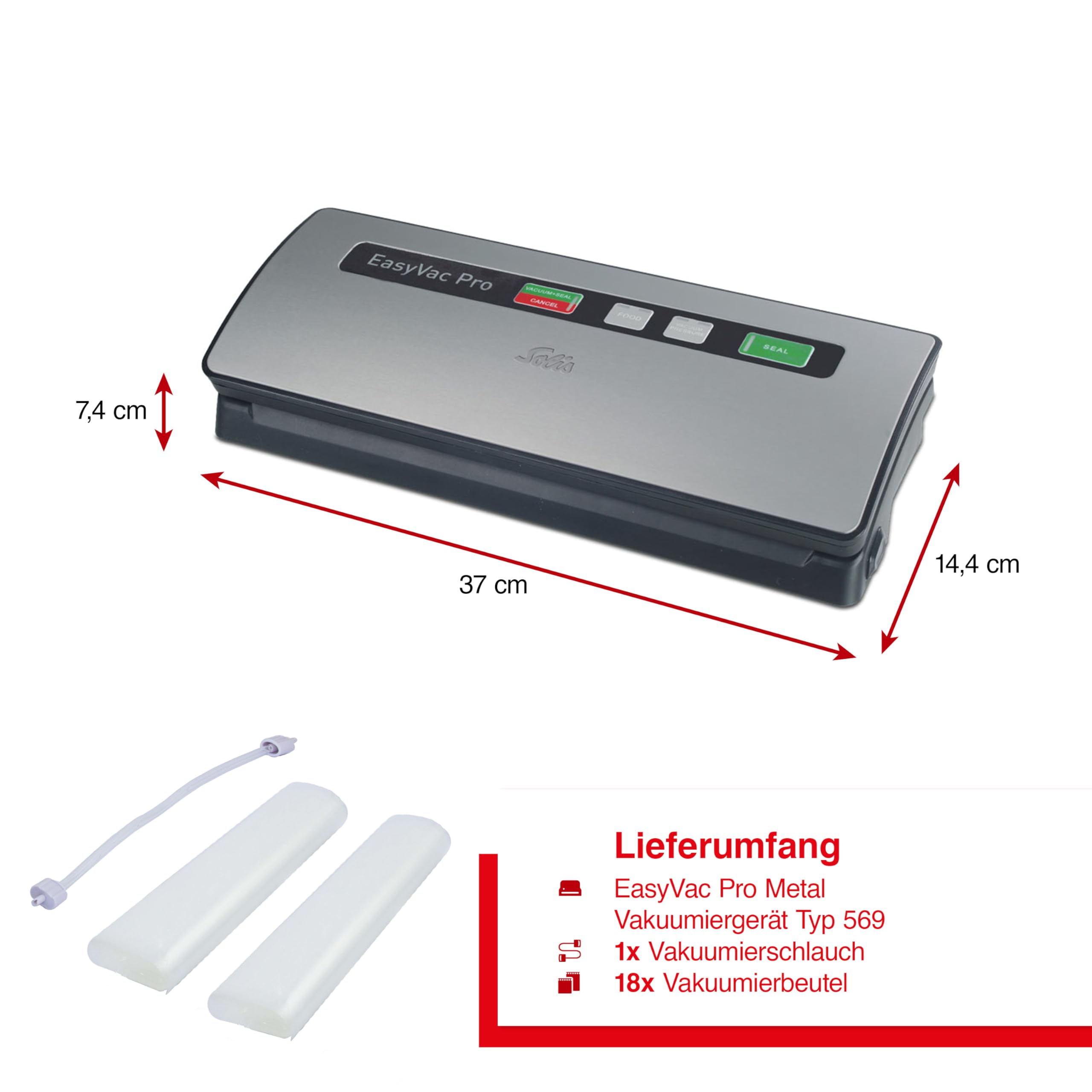 Solis Vac Pro 569 Vakuumiergerät - Folienschweißgerät für Lebensmittel - Vakumierergerät für trockene, Feuchte und Empfindliche Lebensmittel - Metal | Lebensmittel bis zu 8x länger frisch, Starkes Vakuum -0,8 bar, 120W Power, Langlebiges Metall, Inkl. Beu