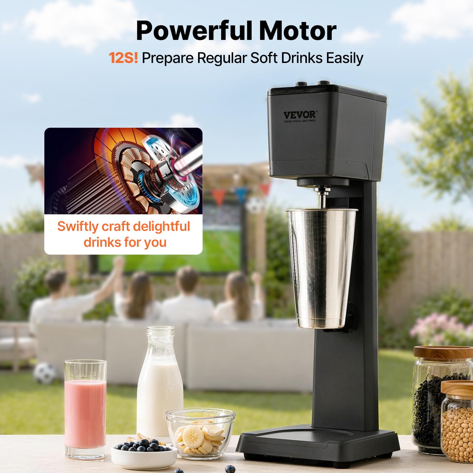 VEVOR Frullatore per Frappè Elettrica, 250W Frullino per Bevande Miscelatore Milkshake con Tazza in Acciaio Inox 304 Velocità Regolabile 15000 18000 21000 RPM Uso Commerciale e Domestico Rumore Basso