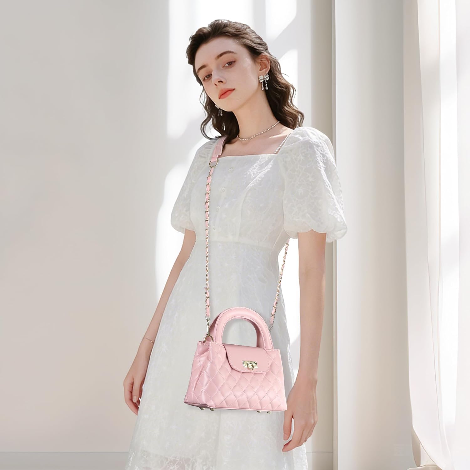 Small Quilted Crossbody Purse for Women, Faux Leather Top Handle Bag with Chain Strap, Elegant Mini Handbag for Daily Use - Image 2