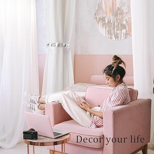 Miniatura 4 de BEL AVENIR Alzapaños de cortina de cristal, cortina hecha a mano con cuentas con 2 ganchos de metal para tornillos decorativos (azul, paquete de 2)