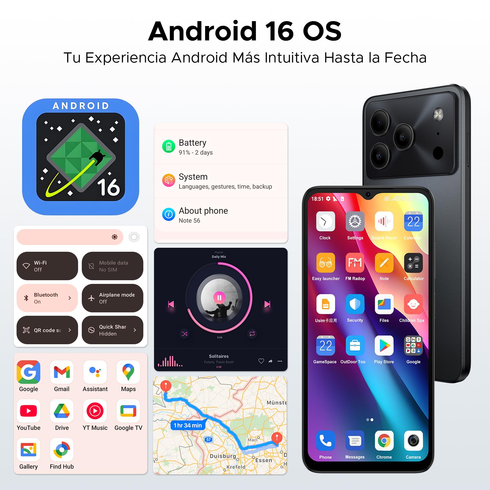 Note56 Android 16 Telefono Movil Libres, 6150mAh 24GB+ 64GB/2TB Smartphone, Octa Core Telefonos Moviles HD+ 6,56", Cámara 8MP Teléfono Móvil, Gemini AI/Dual SIM/Face ID/GPS/OTG/Widevine L1