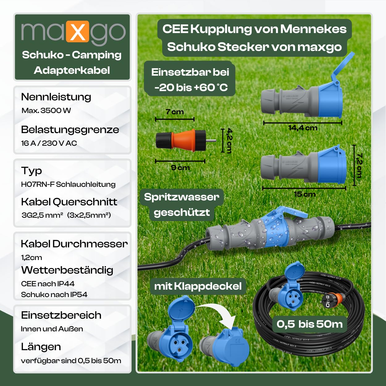 maxgo 10m Camping Adapter Schuko auf CEE 230v 16a 3x2,5 H07RN-F Stromadapter Stromkabel Landstromanschluss Adapterkabel Verlängerungskabel Kabel Wohnmobil Schukostecker Mennekes Campingkupplung